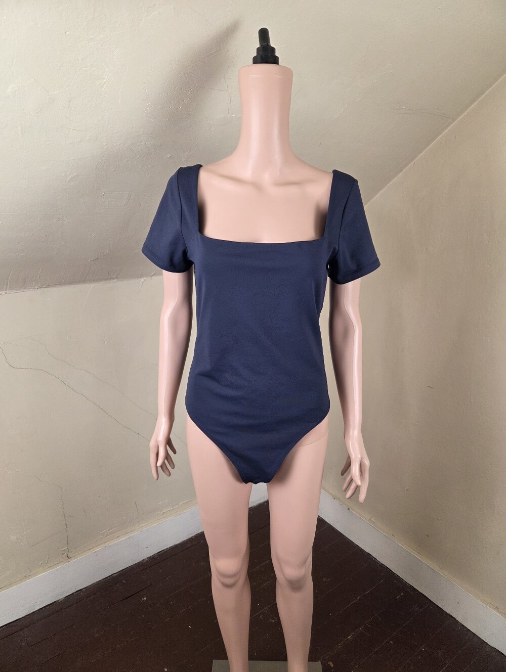 Babaton Aritzia Navy Square Neck Short Sleeve Stretch Bodysuit Women's XL